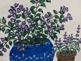 painting of purple bougainvillea flowers in a bright blue pot